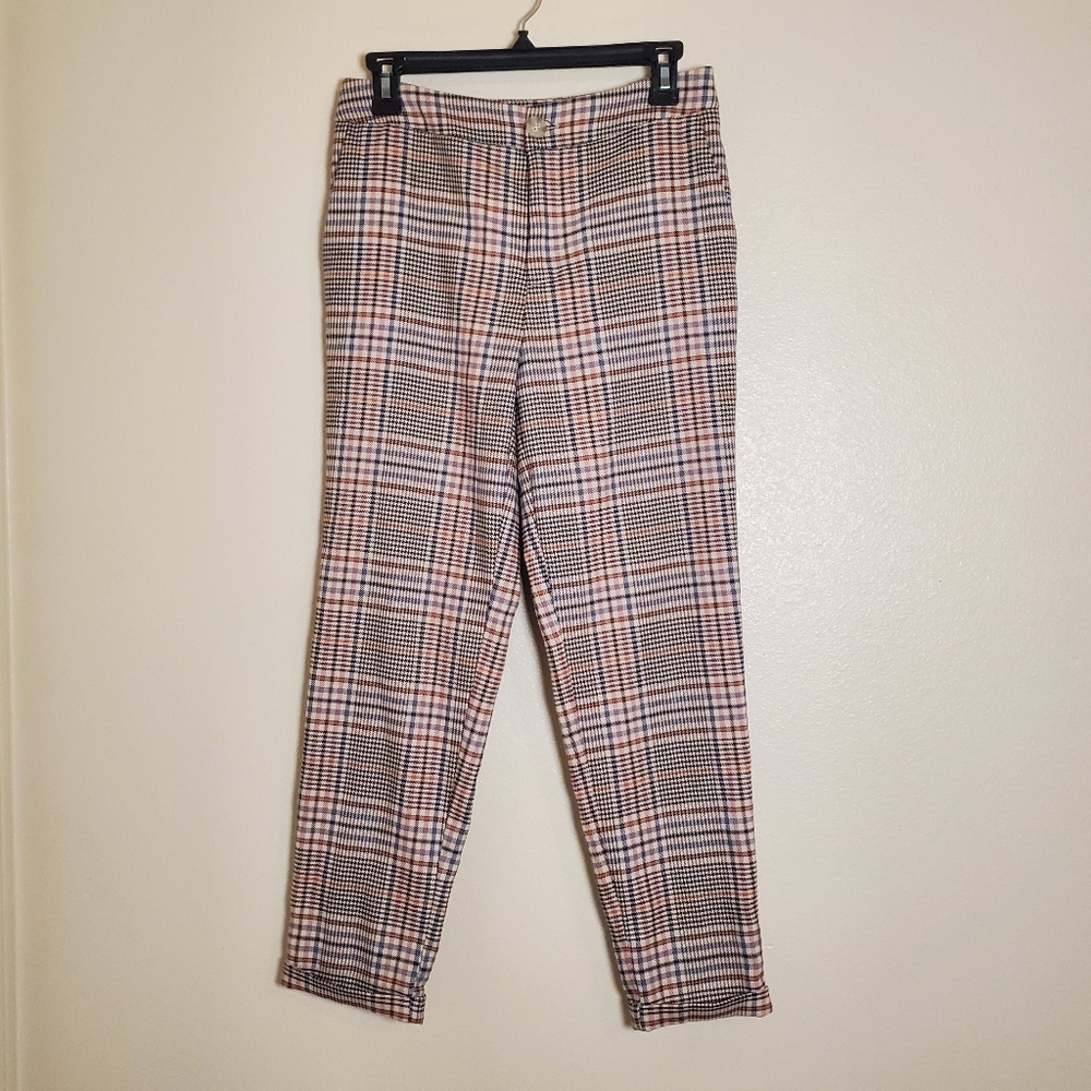 Anthropologie Malcolm Trousers Womens Sz 0 Tapered Ankle Houndstooth Plaid Brown